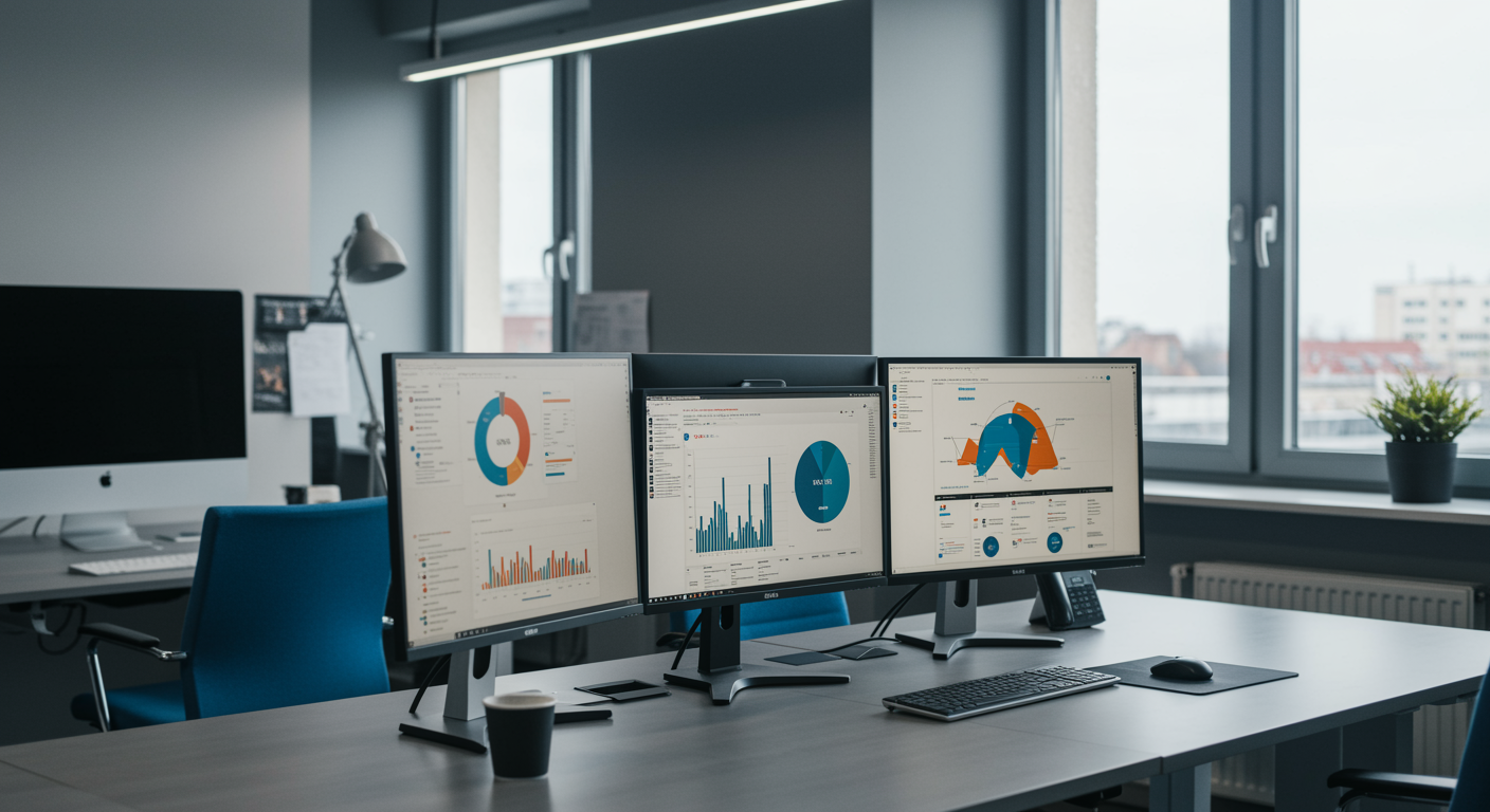 Modern marketing agency workspace with dual monitors showing analytics, natural light, and clean design for lead generation marketing