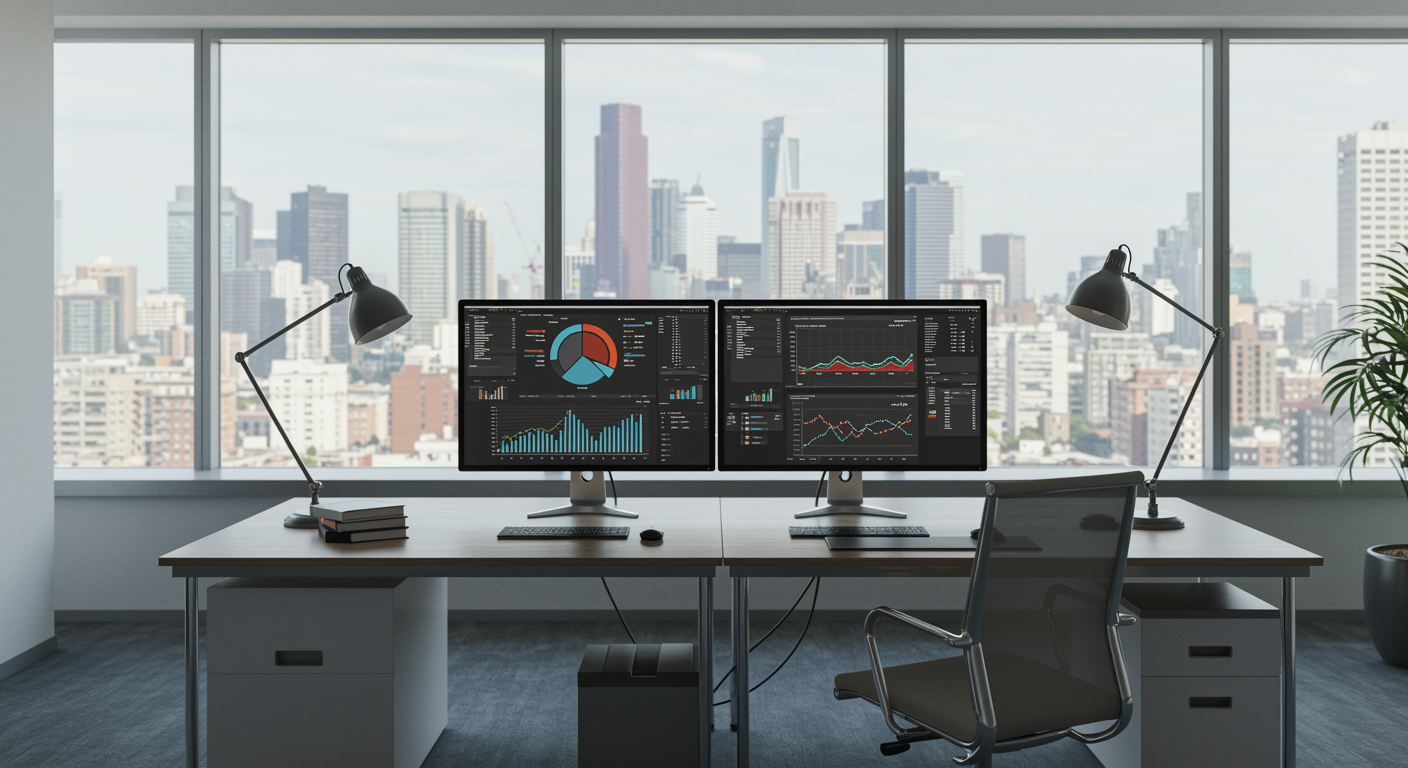 Contemporary lead generation marketing agency workspace with digital analytics on screens and city views through large windows