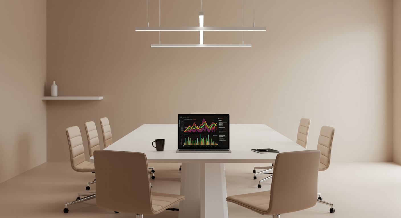 Modern marketing agency office with clean white conference table and digital analytics dashboard, representing lead generation services