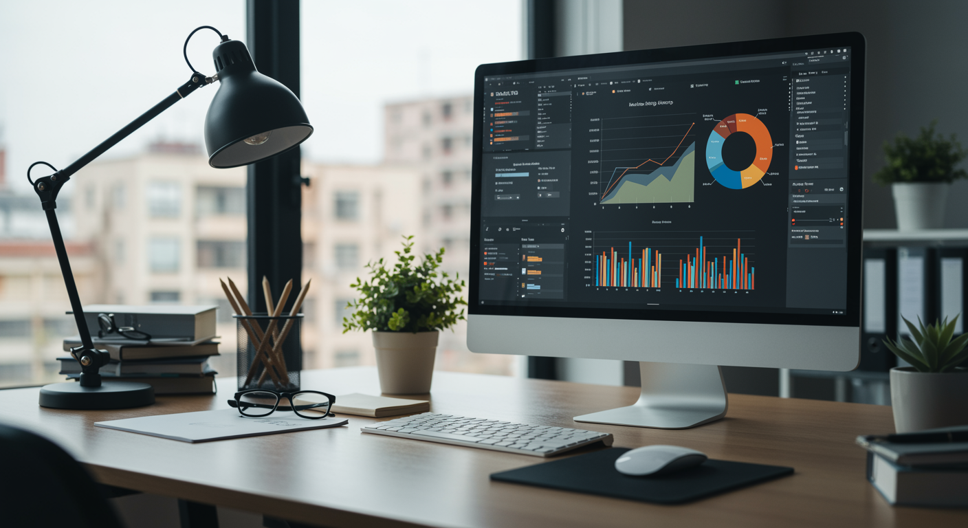 Modern lead generation marketing agency office featuring a computer screen with analytics charts and organized workspace in bright natural light