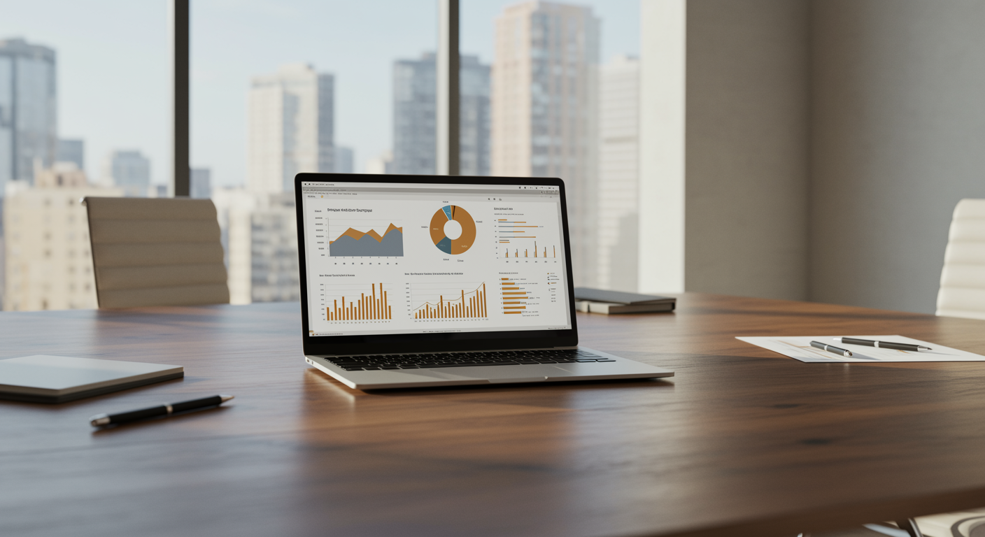 Modern digital marketing agency workspace with a laptop showing pay per click advertising results in a bright professional office