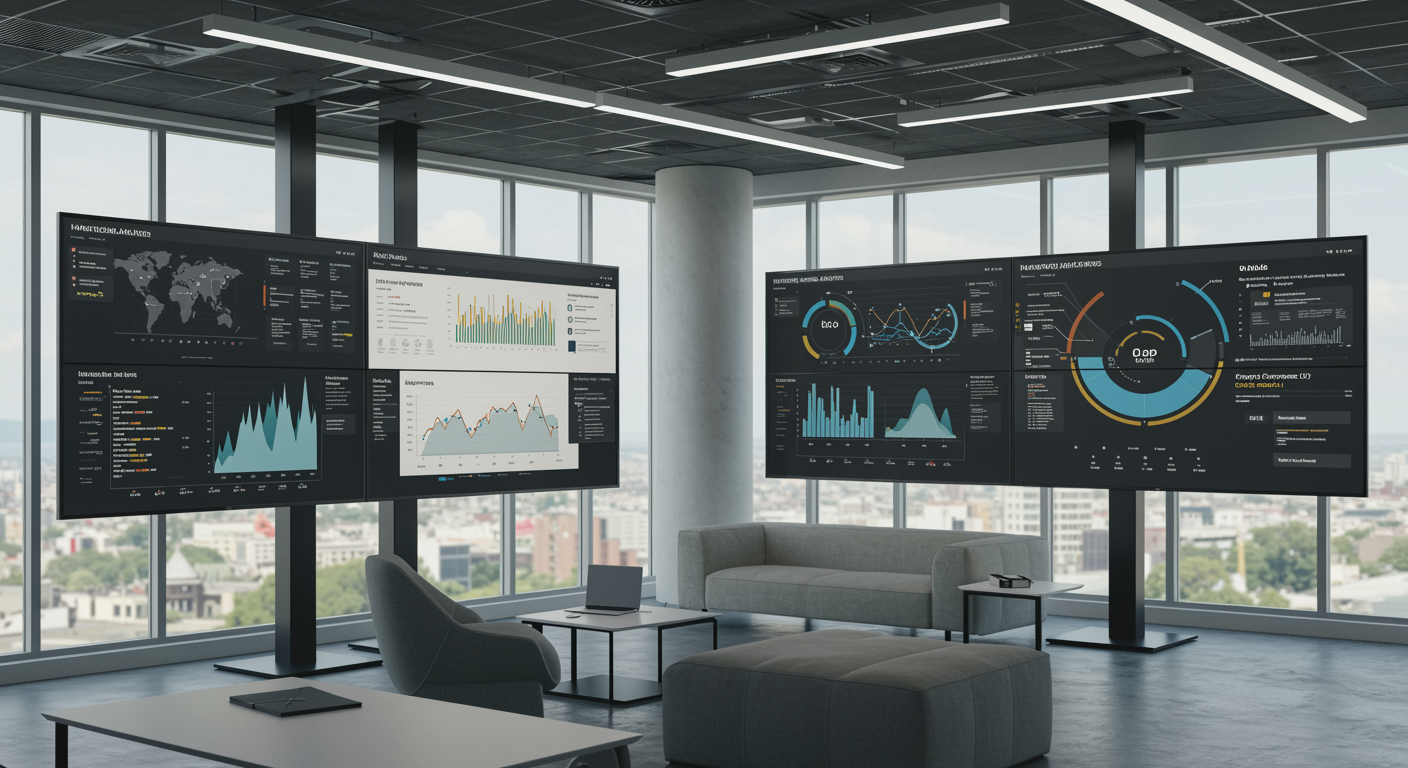 Modern digital marketing agency office workspace with large screens showing lead generation analytics, bright and clean environment, no people