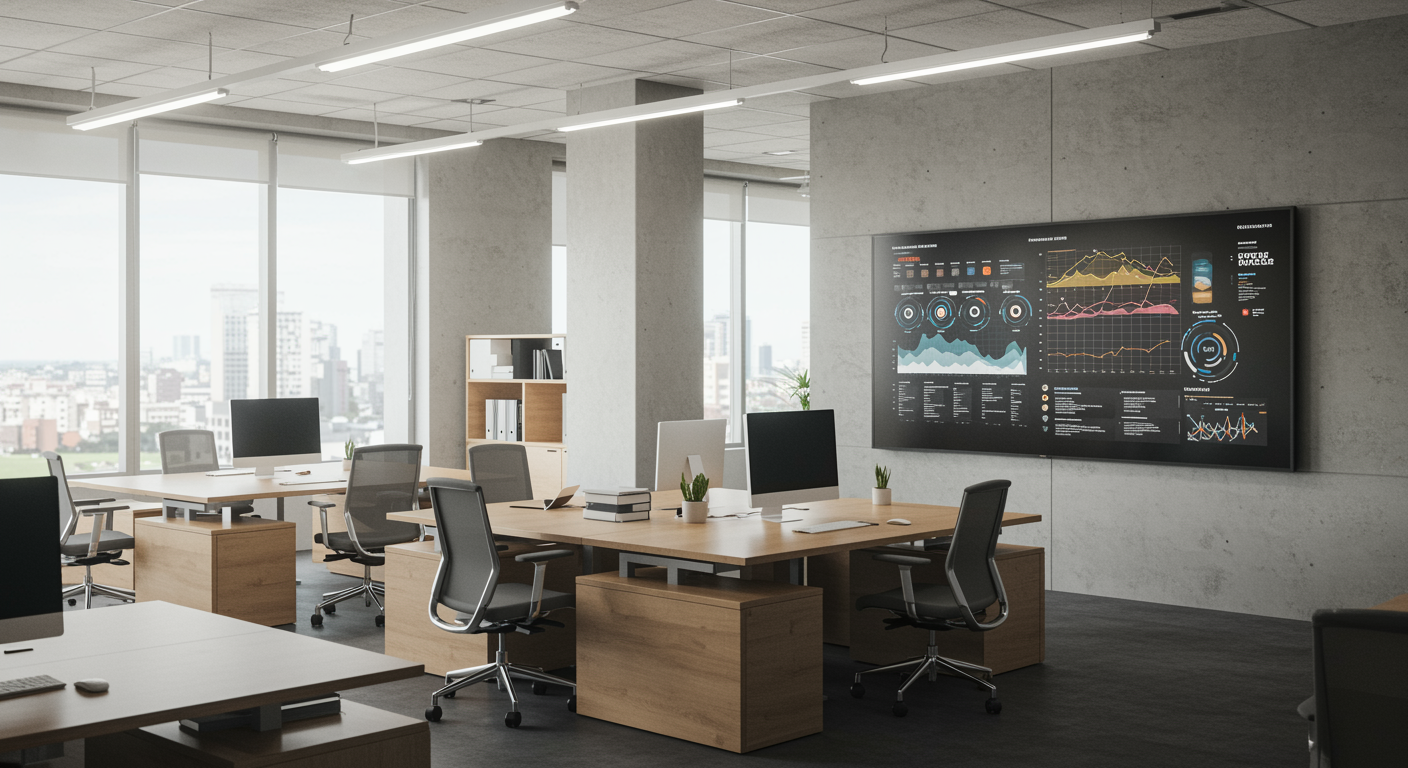 Modern office workspace featuring digital marketing displays and contemporary furnishings for a lead generation marketing agency