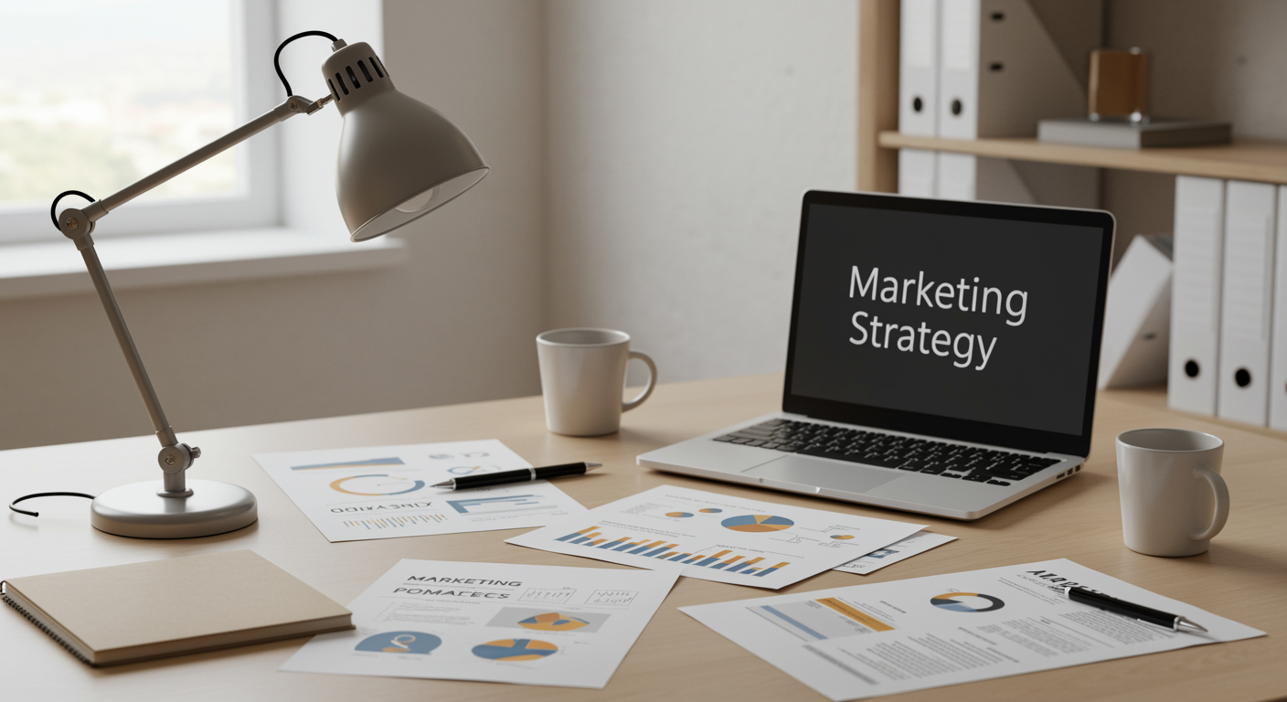 Modern lead generation marketing office setup with tidy desk, open laptop, and organized strategy materials in a professional workspace