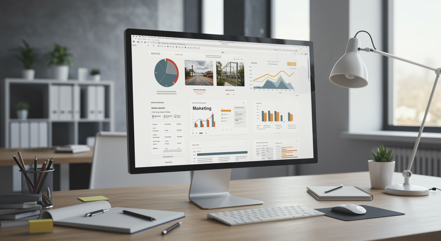 Modern lead generation agency workspace with marketing dashboard and web design elements