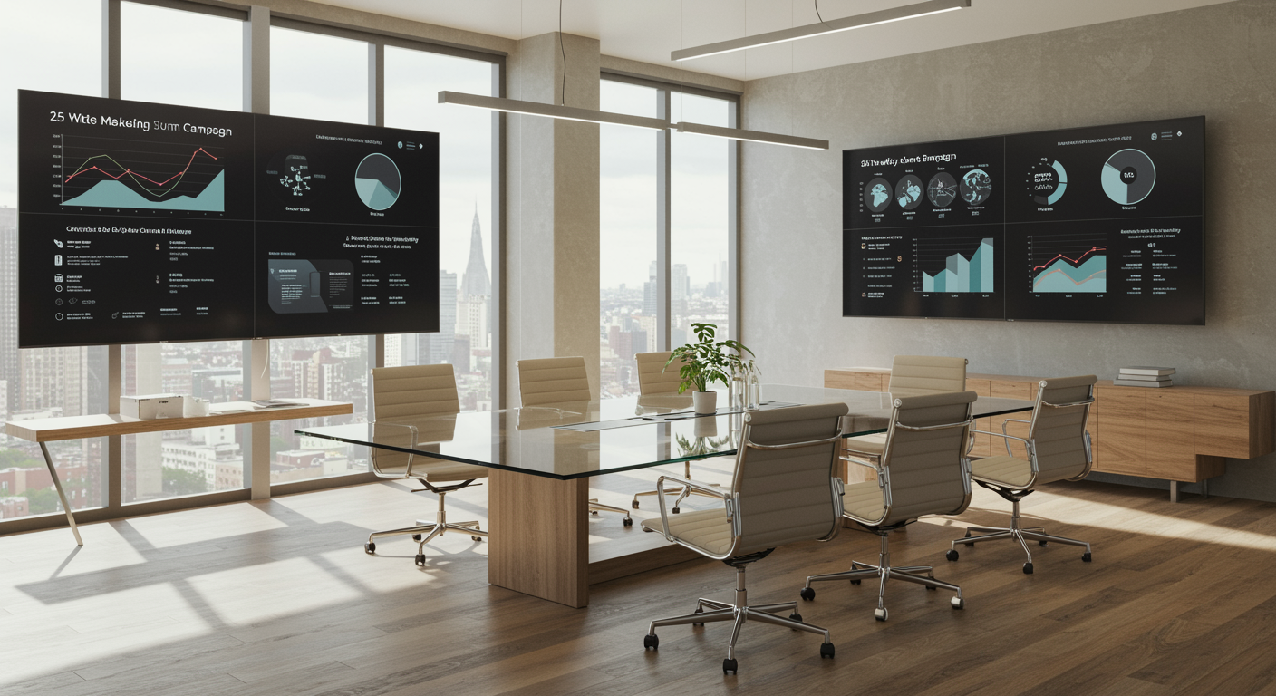 Contemporary office conference room with digital screens showing lead generation and marketing results for a professional agency