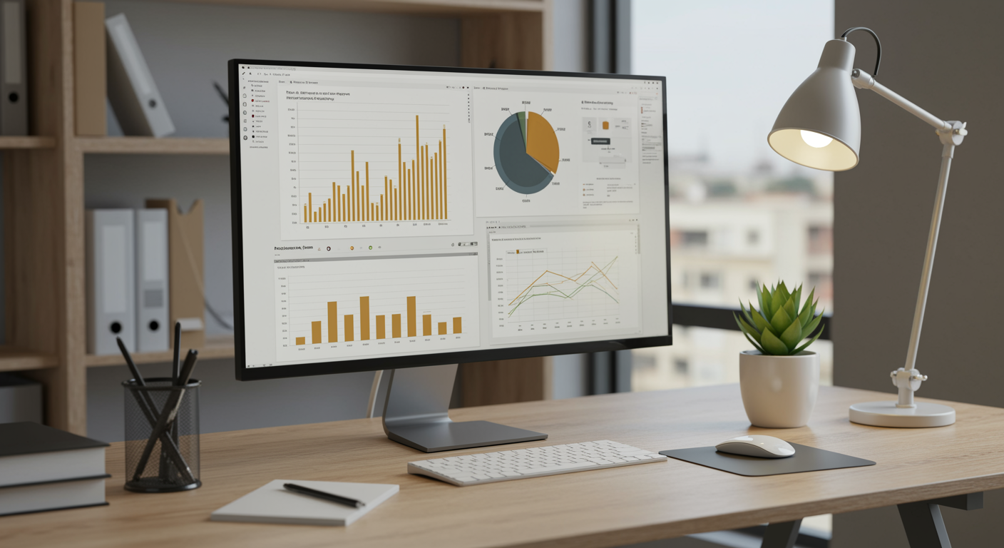 Modern marketing agency workspace with analytics dashboard on computer screen for lead generation and local SEO services