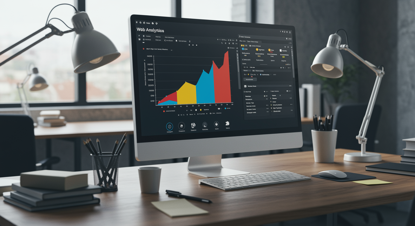 Professional office workspace with computer monitor showing pay per click advertising analytics, representing lead generation marketing agency services