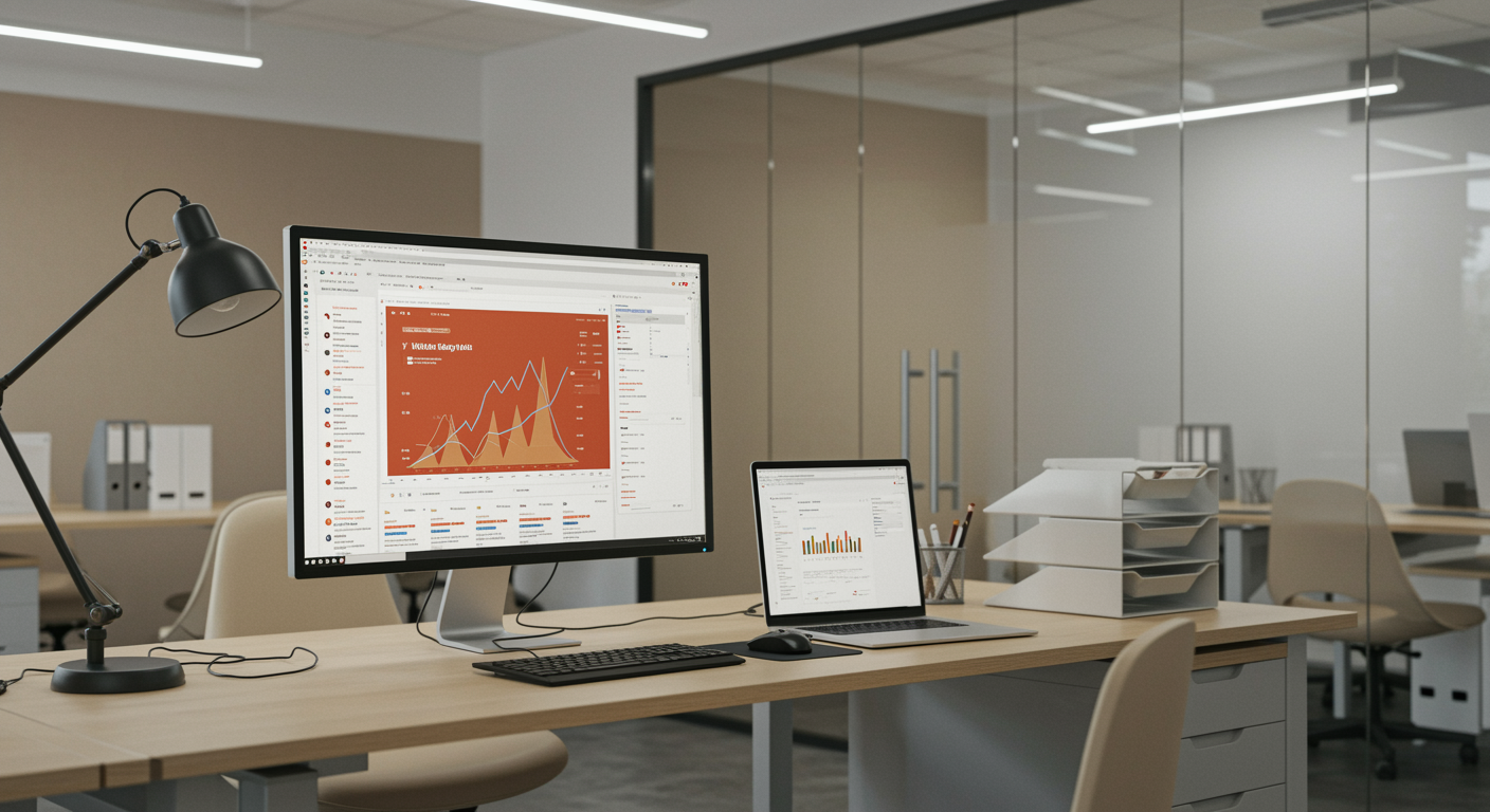 Modern lead generation marketing agency workspace with organized desk and analytics dashboard on screen