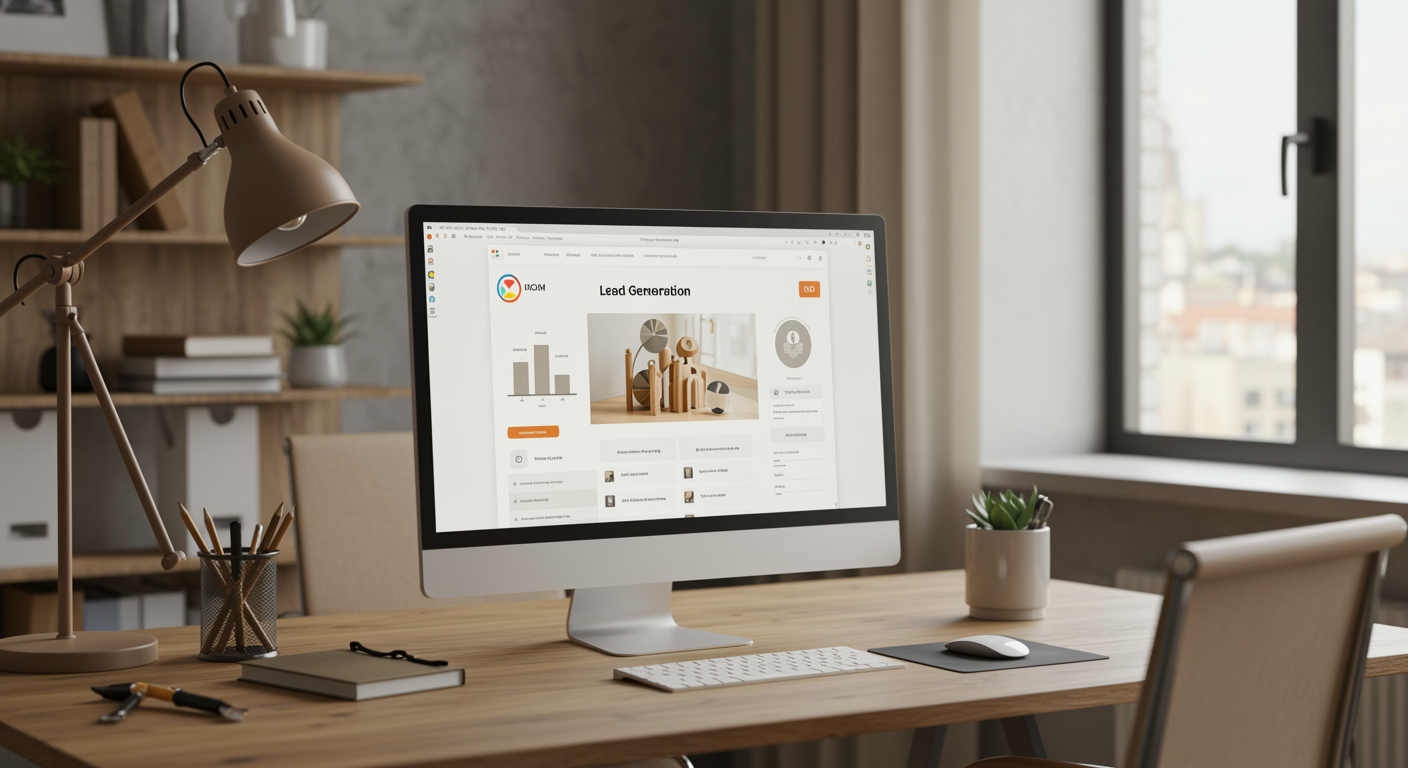 Contemporary office workspace featuring a computer screen with a visually appealing lead generation marketing agency website design, modern furnishings, and natural lighting