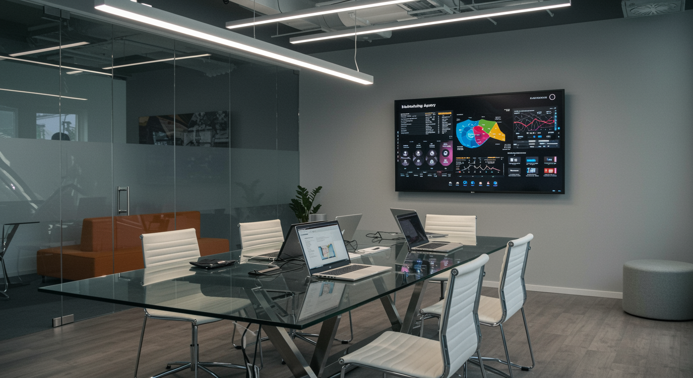 Modern digital marketing agency workspace with glass table, laptops, and digital dashboard in bright, professional setting