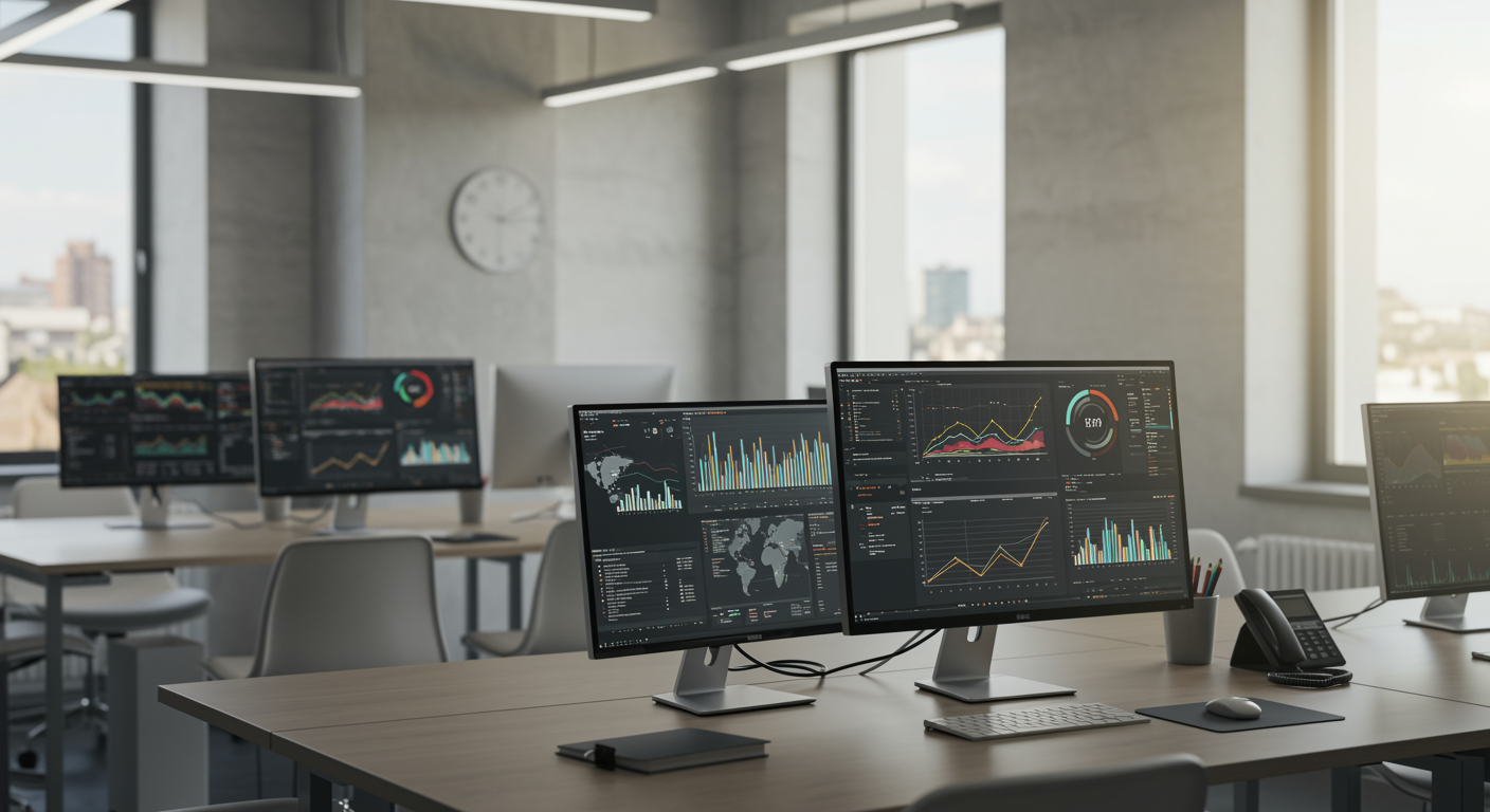 Modern lead generation marketing office with digital dashboards on computers, bright natural lighting and professional workspaces