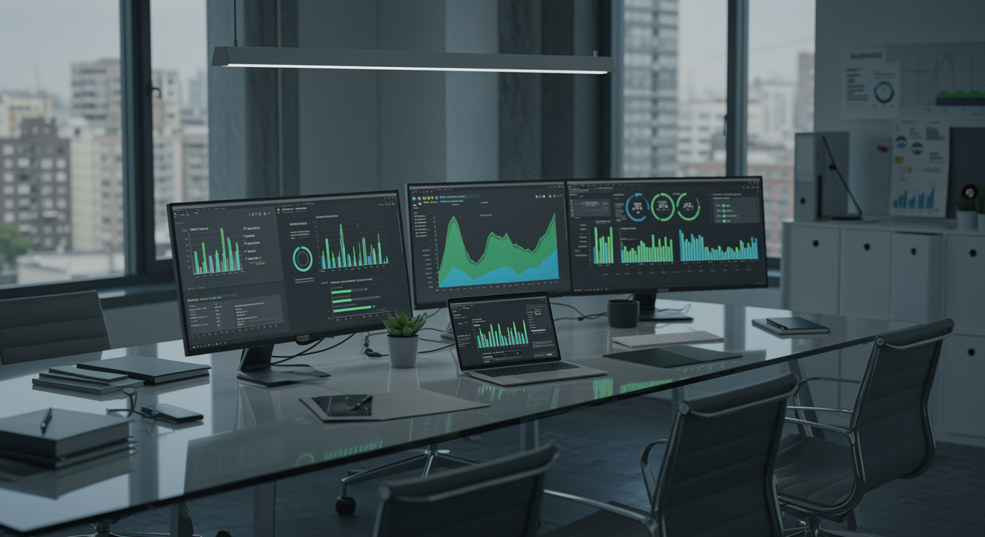 Professional marketing agency office featuring modern workspace and digital lead generation dashboards for pay per click advertising