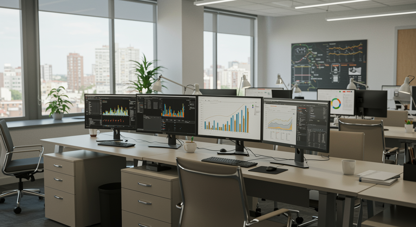 Modern office space for lead generation marketing agency with workstations, large screens showing analytics, and vibrant natural lighting