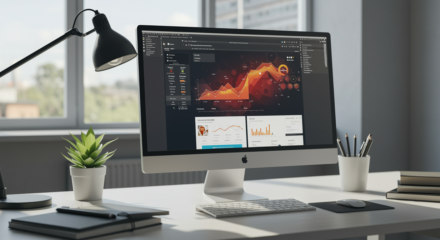 Modern marketing agency workspace with lead generation analytics dashboard on a computer screen, clean and inviting office environment
