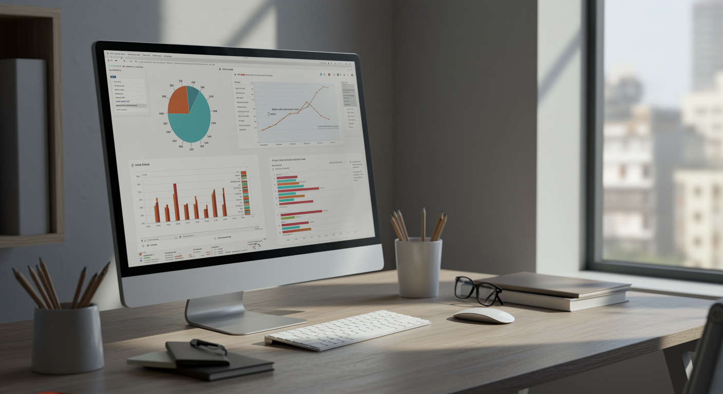 Professional lead generation agency workspace with computer showing marketing analytics dashboard in a clean, modern office