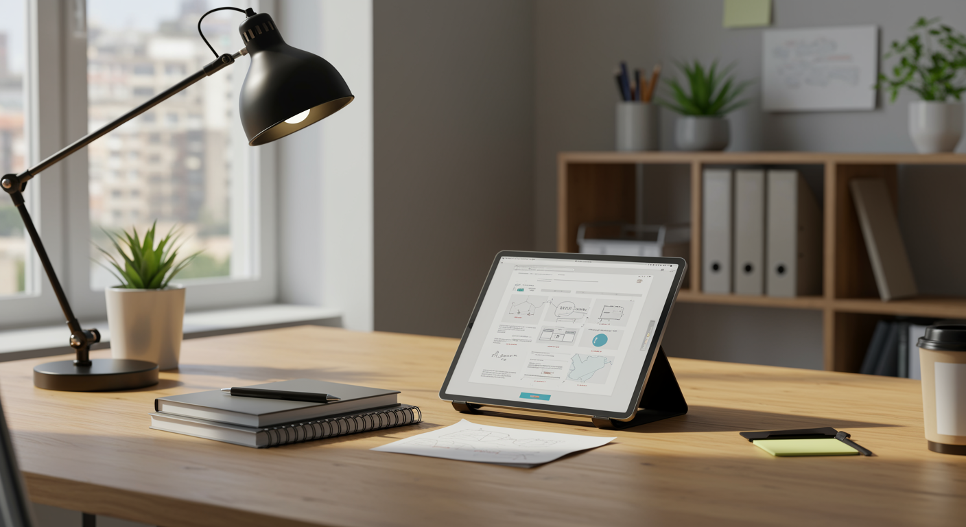 Modern office workspace with digital tablet and notebook emphasizing professional content writing services for lead generation marketing agency