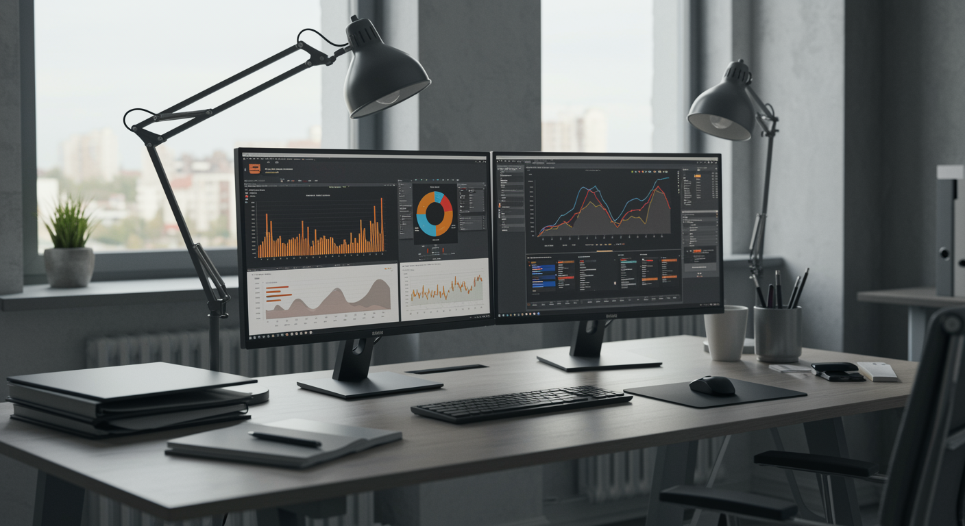 Professional digital marketing agency workspace with dual computer screens showing lead generation results in a modern office setting