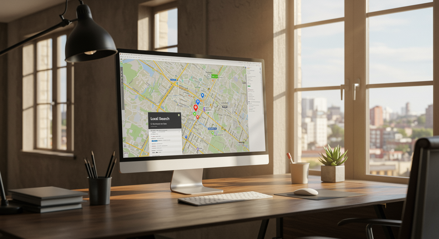 Contemporary marketing agency workspace with digital map and search results on computer screen highlighting local SEO solutions