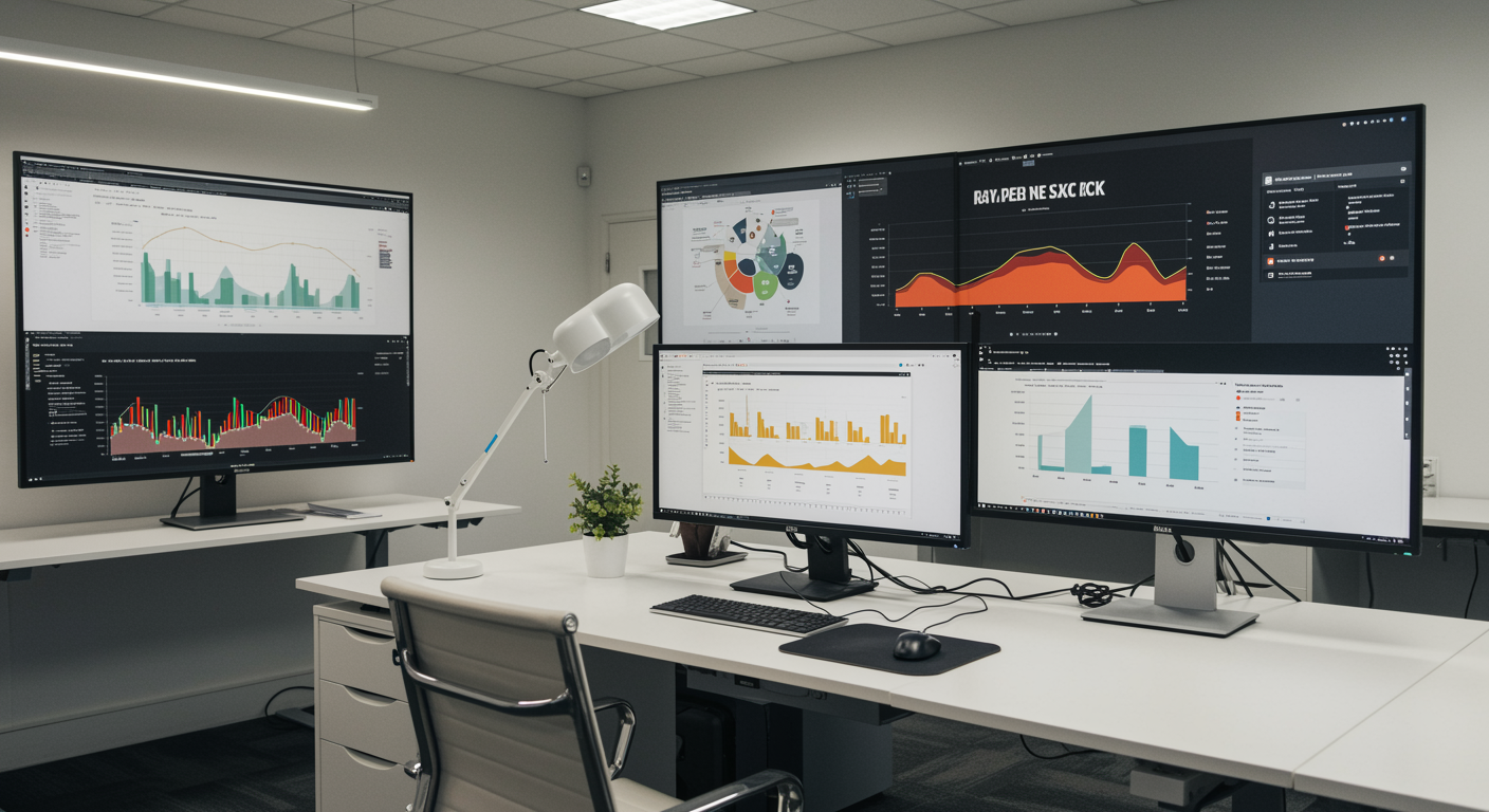 Clean, modern marketing agency office showing digital screens with pay per click advertising graphics, bright workspace with neutral colors, no people or logos