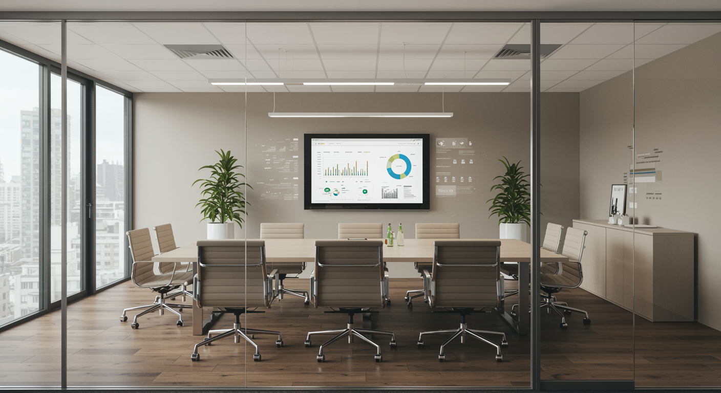 Modern lead generation marketing agency office with digital analytics screen and contemporary workspace, showcasing professionalism and effective SEO services