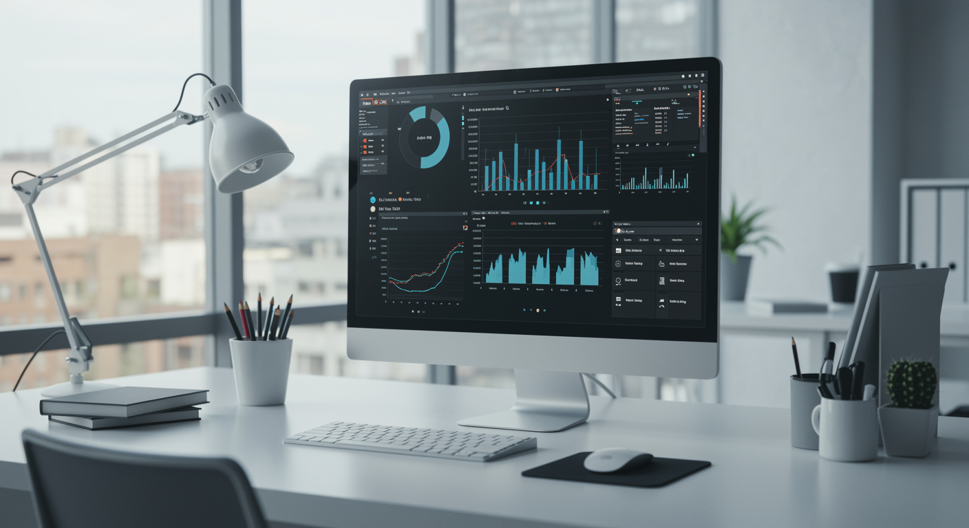 Modern office scene with computer monitor displaying pay per click advertising analytics for a lead generation marketing agency