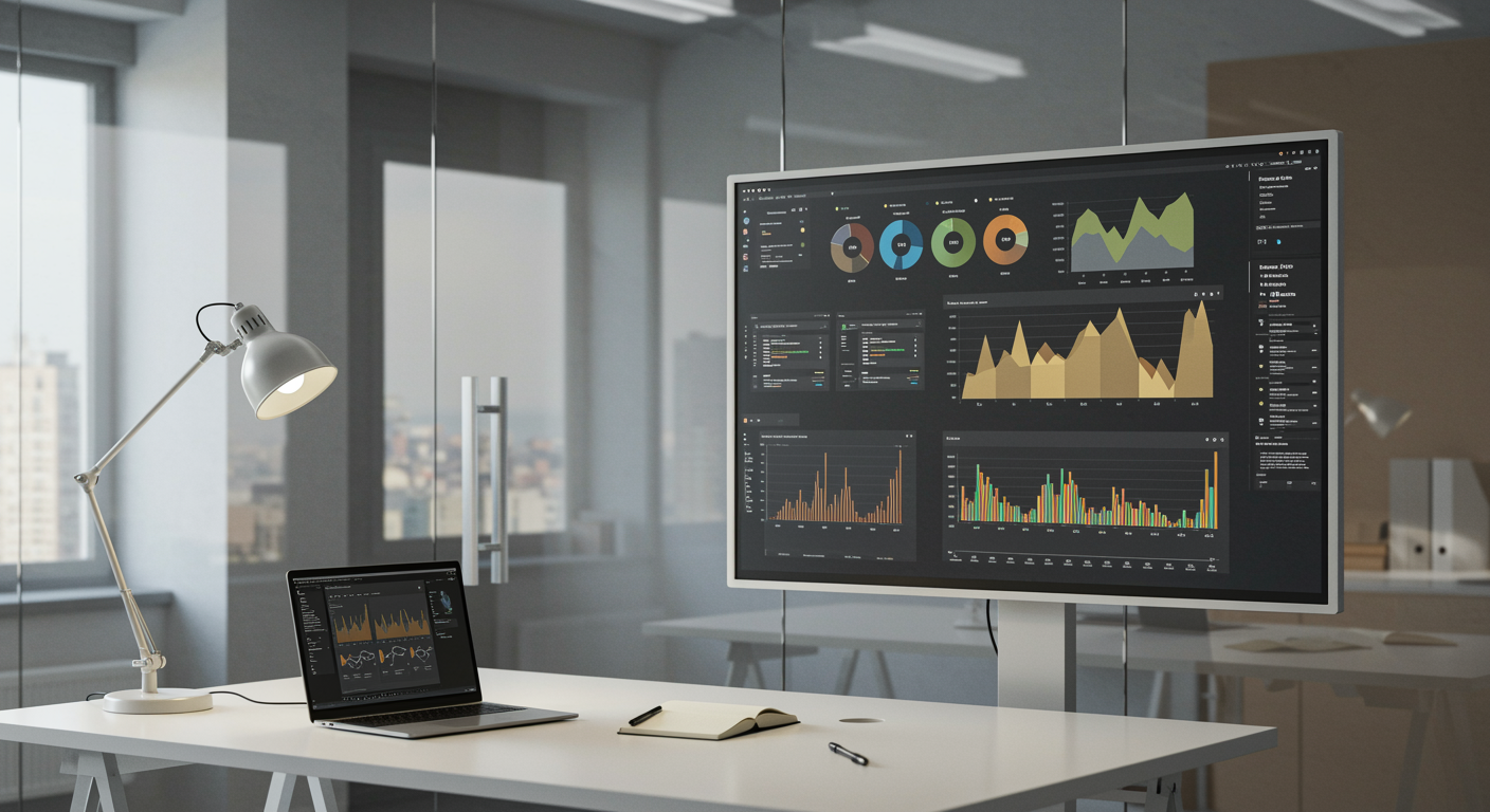 Modern digital marketing office with a marketing analytics dashboard and clean workstation for lead generation marketing agency