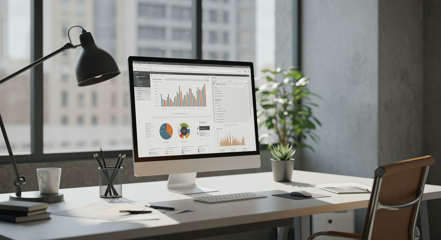 Modern marketing agency office with a computer monitor showing lead generation content, professional workspace, and natural lighting