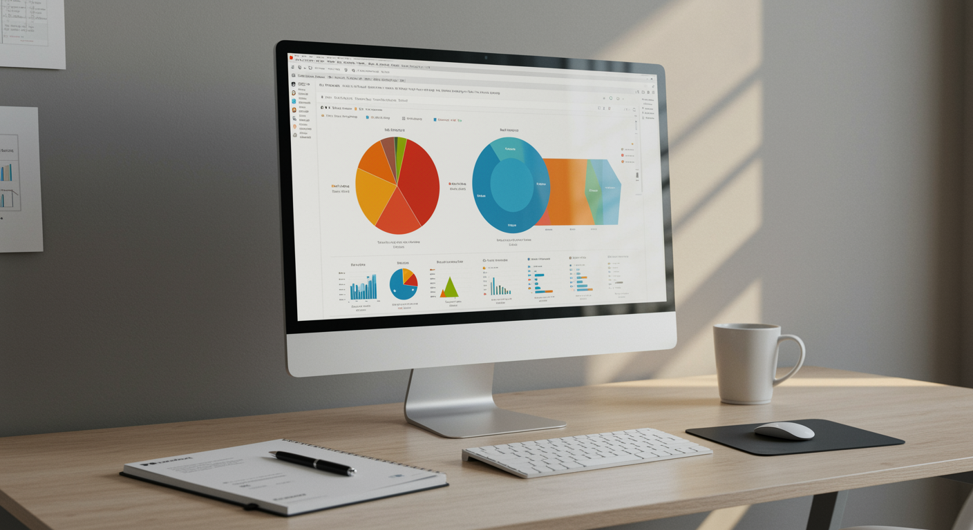 Modern marketing agency workspace with computer monitor showing lead generation analytics dashboard