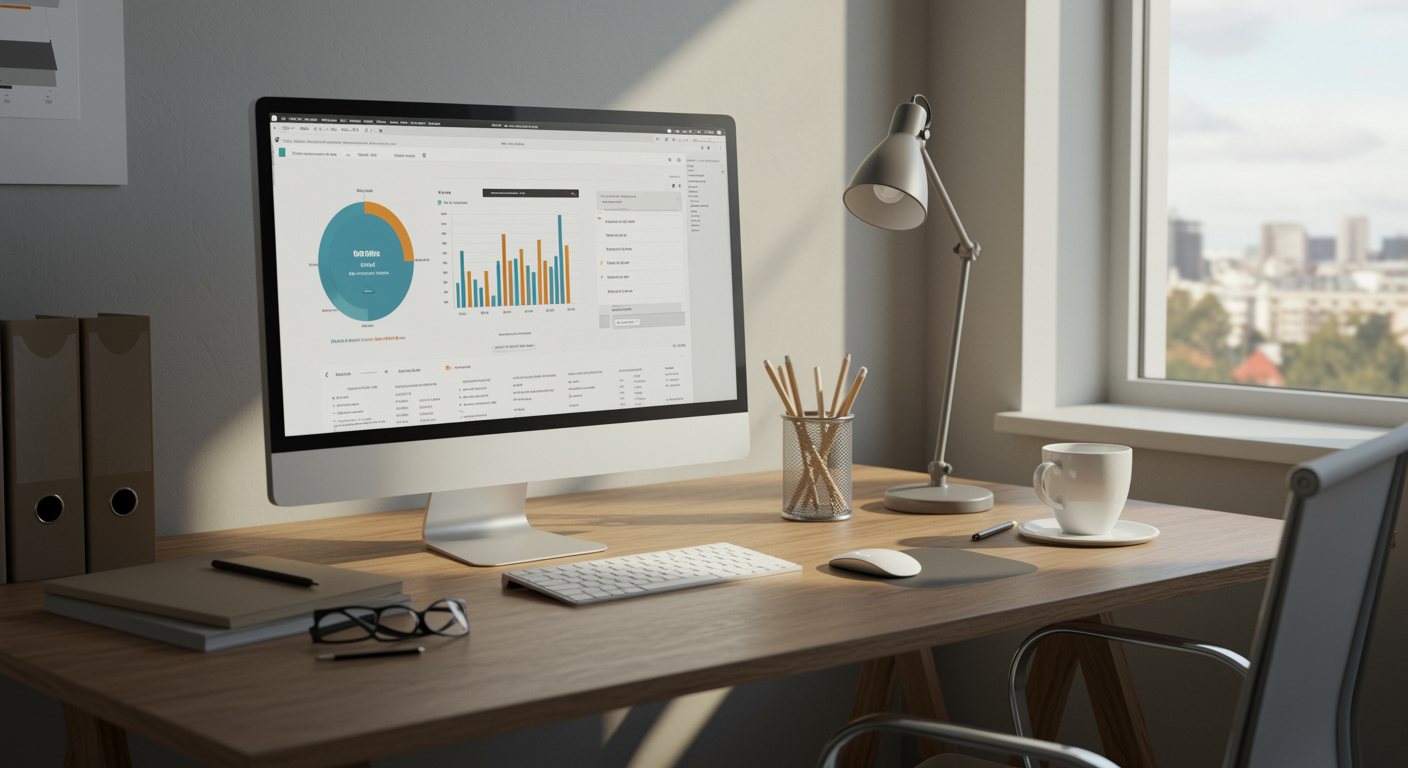 Modern marketing agency workspace with computer showing website analytics dashboard, reflecting professional lead generation and SEO services
