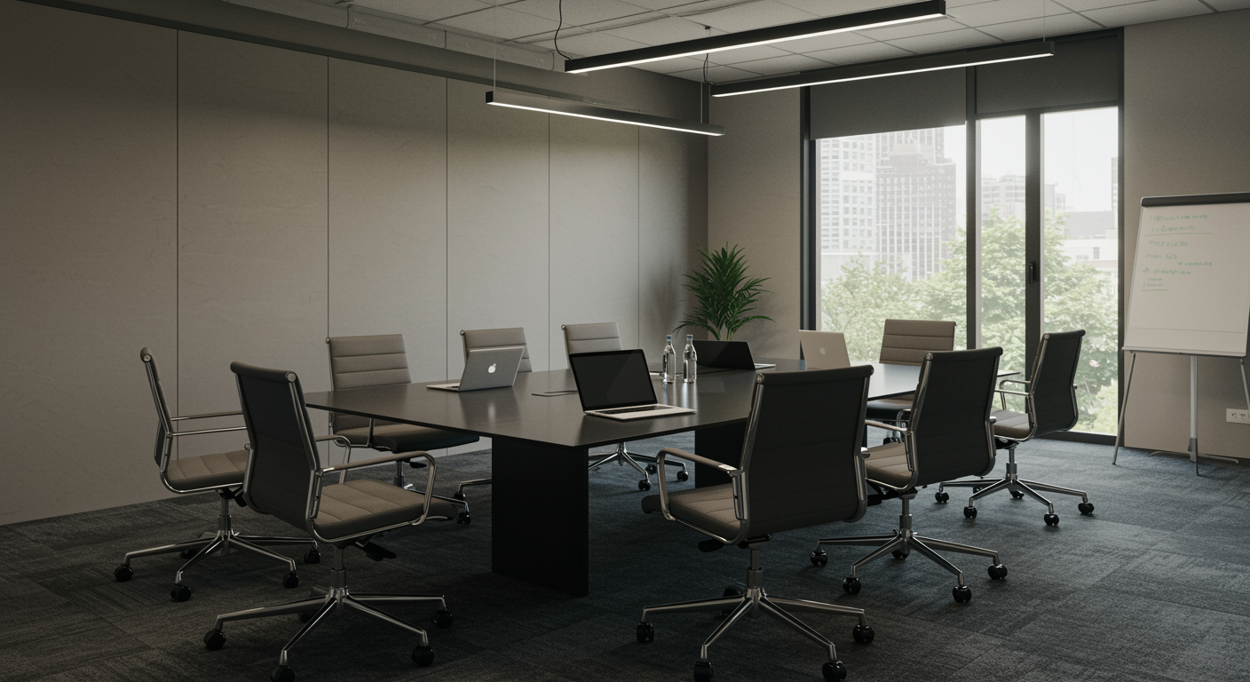 Elegant modern office meeting room featuring a conference table with open laptops, representing professional online advertising solutions by a lead generation marketing agency