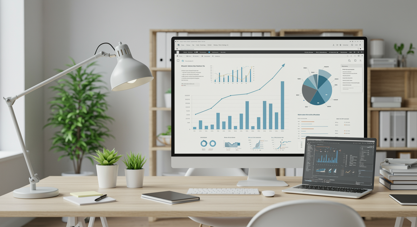 modern marketing agency office with digital dashboard displaying upward graphs and analytics, representing professional lead generation and SEO services