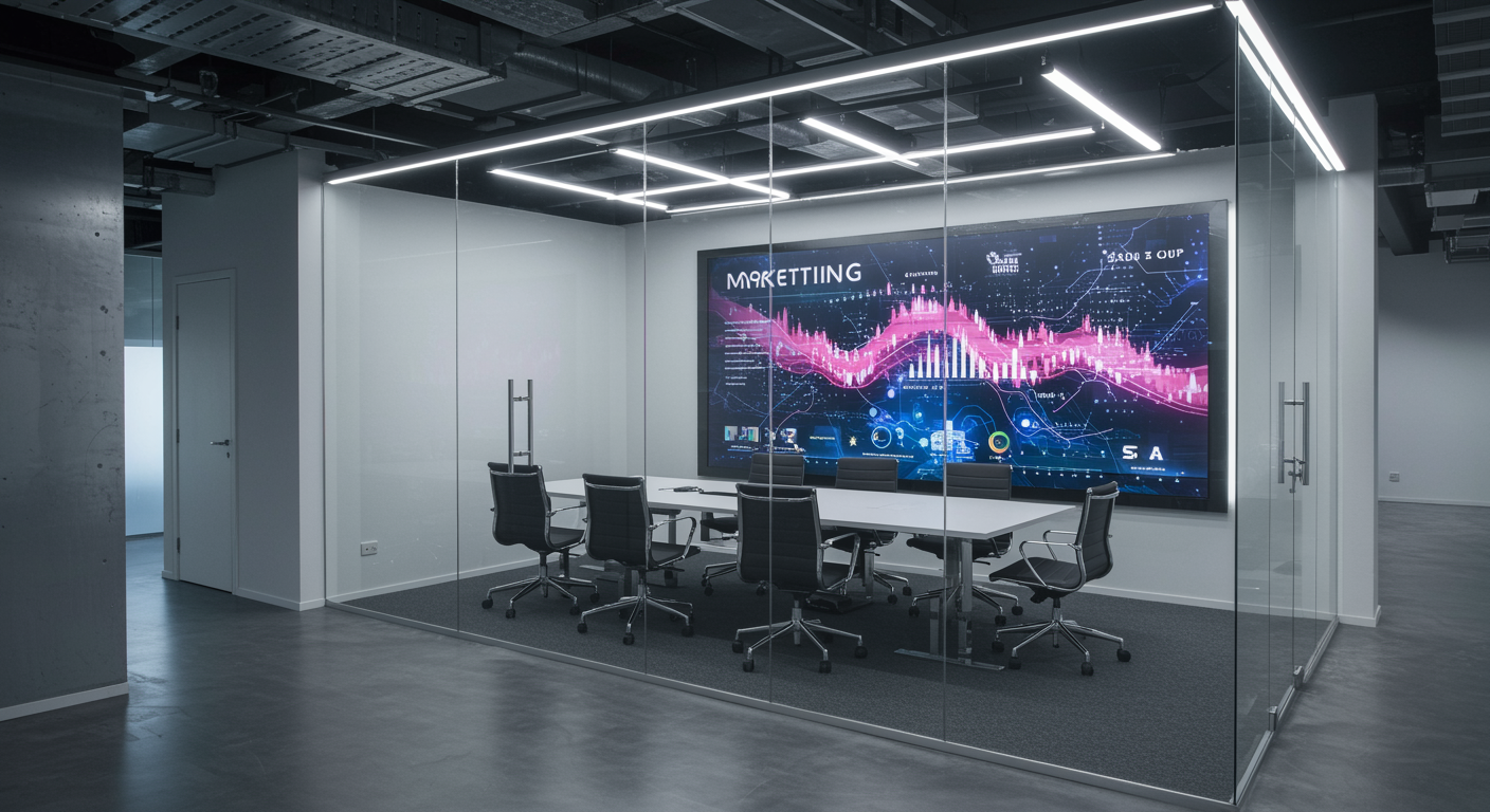 Modern marketing agency office with glass conference room and digital display showing analytics, representing lead generation web services