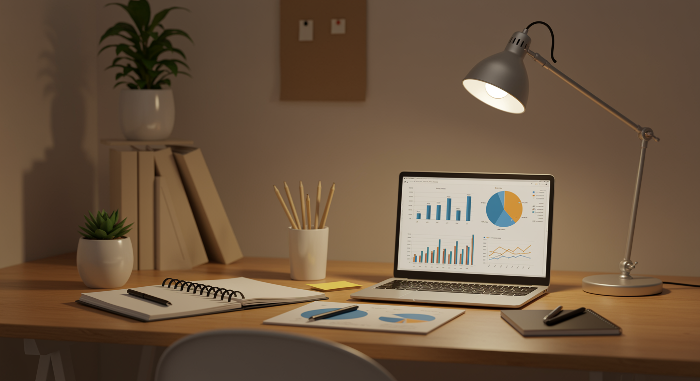 Modern marketing office workspace with desk, open notebook, laptop showing analytics for lead generation marketing agency