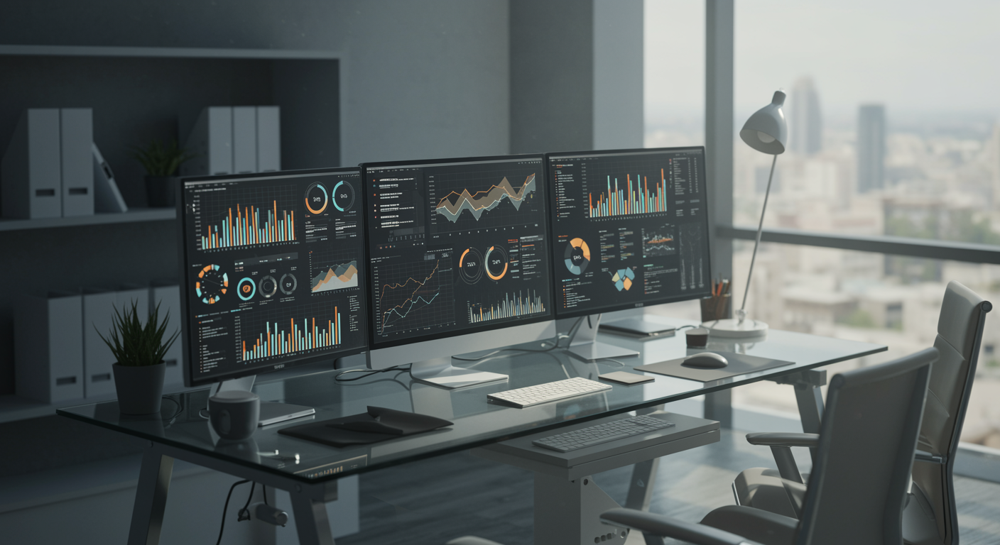 Modern lead generation marketing agency workspace with data dashboards and digital marketing graphs on screens, minimalist office decor, natural light, no people or branding