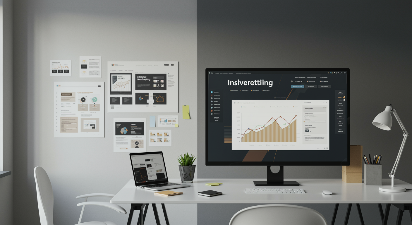 Modern digital marketing agency office with clean workspace, marketing analytics on screen, and website designs in the background, representing lead generation and content writing services
