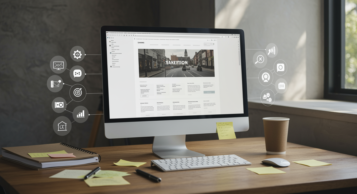 Modern office workspace featuring a computer screen with a visually appealing website design, representing web development services by a lead generation marketing agency