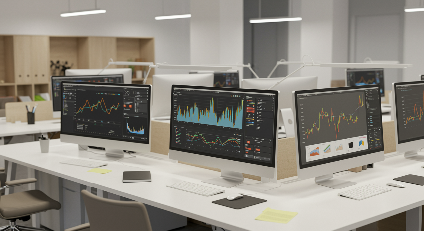 Professional office with digital analytics screens illustrating successful SEO campaign results for a lead generation marketing agency