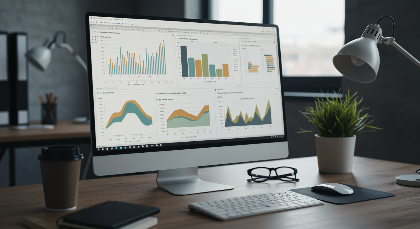 Modern digital marketing agency office workspace with computer screens showing lead generation and answer engine optimization results