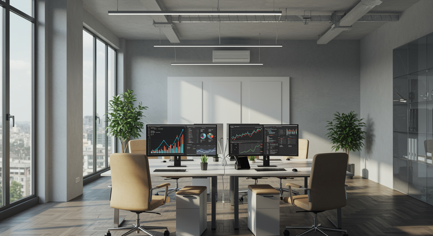 Modern lead generation marketing agency office with computer monitors showing analytics and professional workspace design
