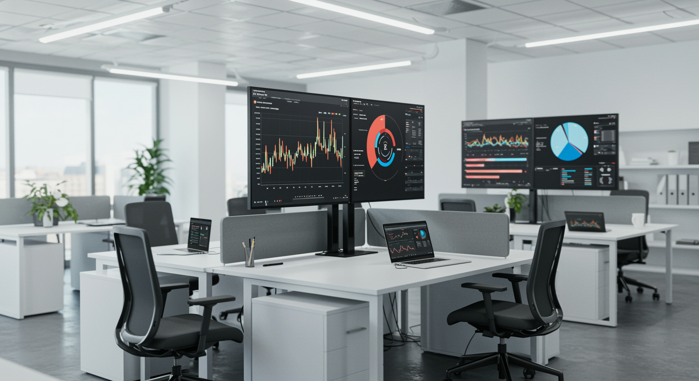 Modern lead generation marketing agency workspace with digital dashboard screens and minimalist desks for pay per click advertising services