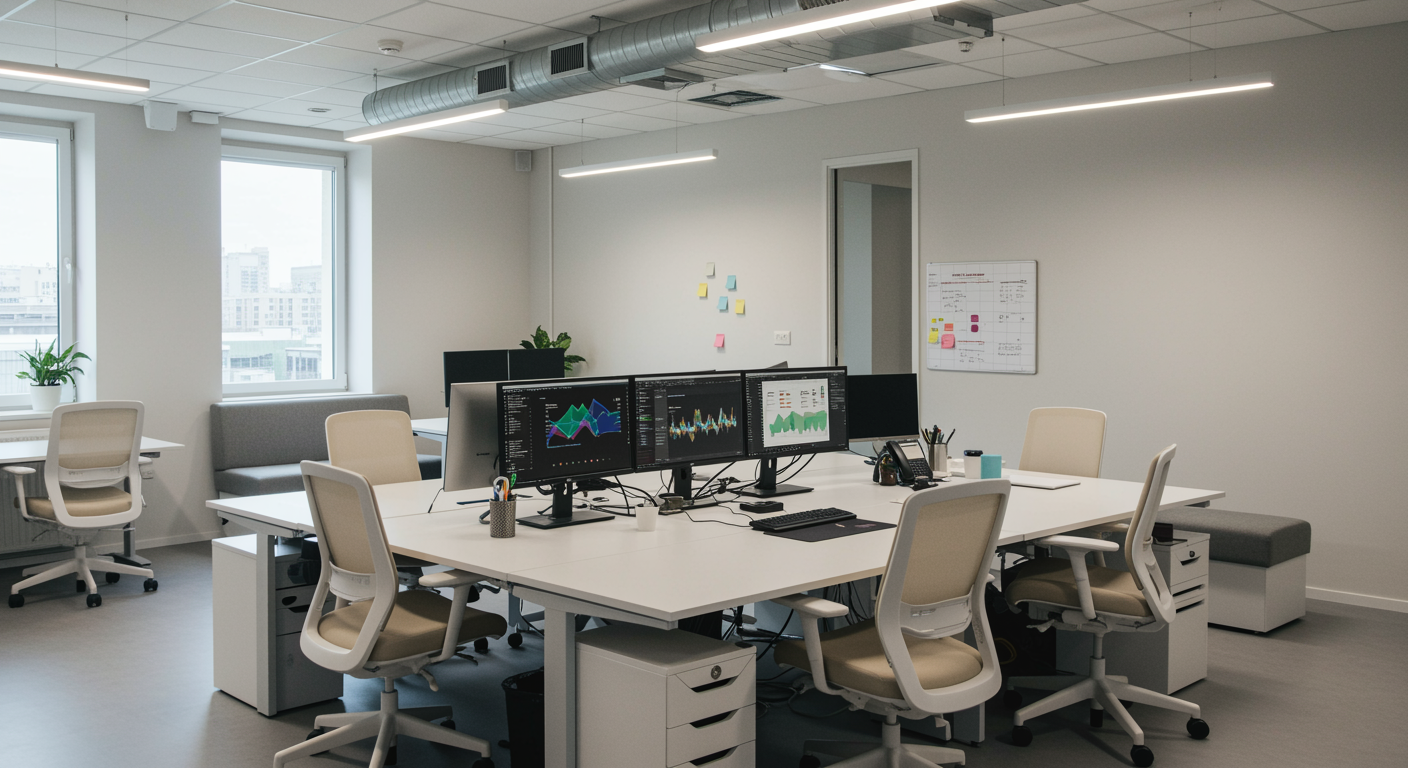 Lead generation marketing agency modern office workspace with digital marketing dashboards and professional atmosphere