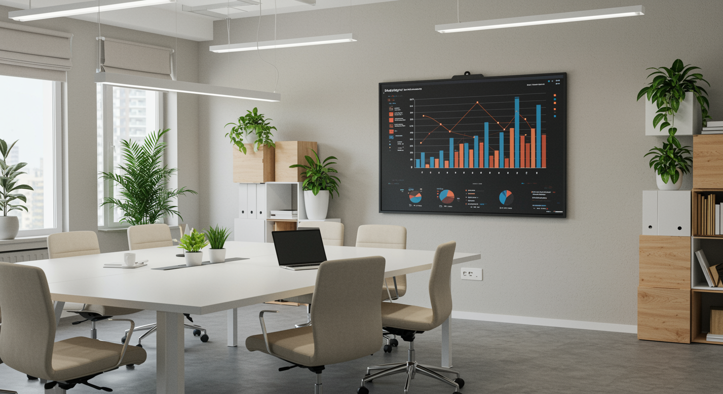 Contemporary office space with a stylish conference room and digital analytics display, representing a professional lead generation marketing agency environment