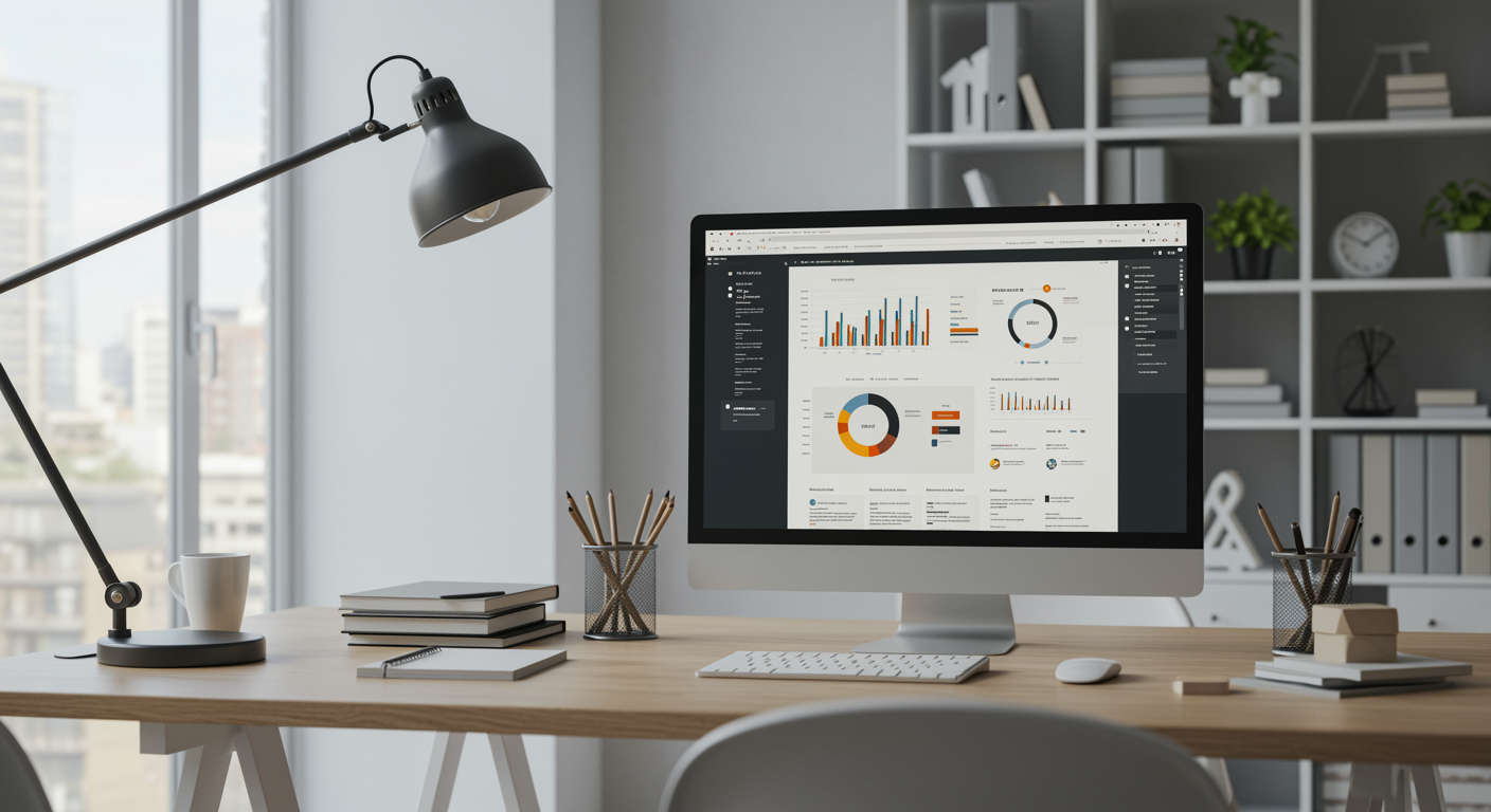 Modern office workspace with large monitor displaying website content and charts, soft gray and beige decor, natural lighting for lead generation marketing agency
