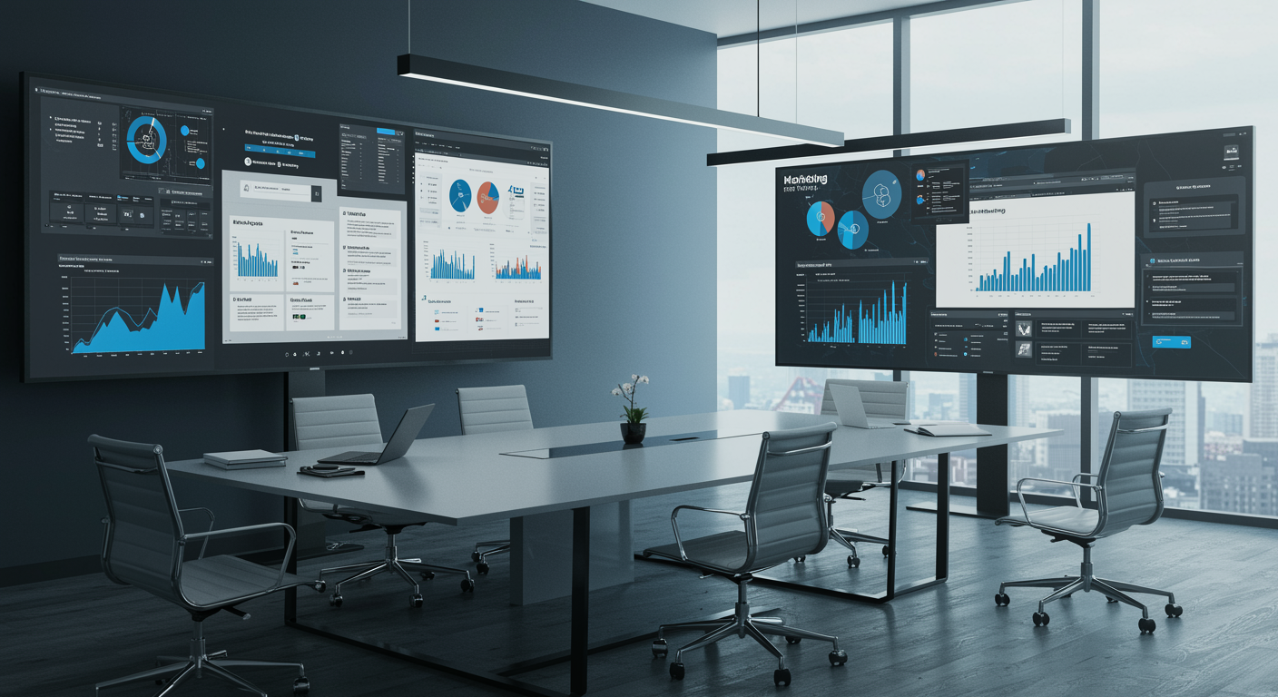 Modern lead generation marketing agency workspace with digital analytics screens and organized professional office setting