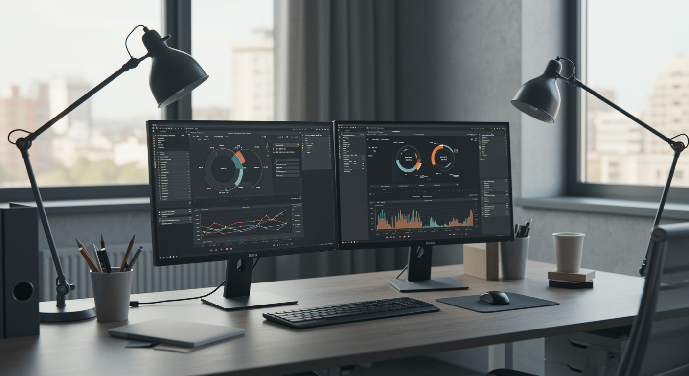 Modern marketing agency workspace with dual monitors displaying lead generation and SEO analytics