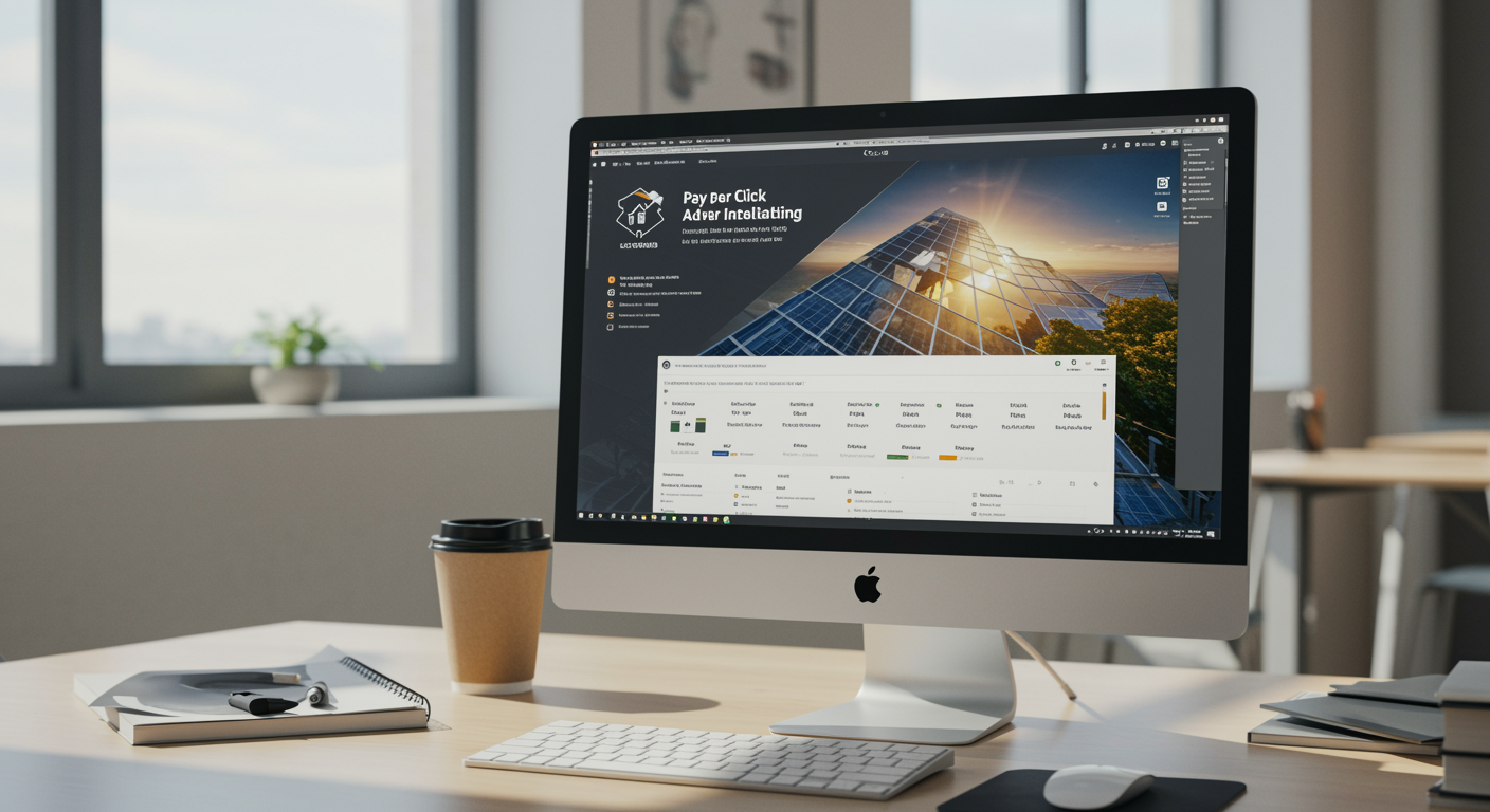 Modern office workspace with a computer screen showing a pay per click advertising dashboard tailored for solar installation businesses, representing lead generation marketing services