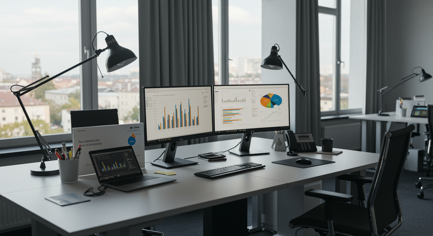 Professional modern office workspace with digital marketing analytics on screens, representing lead generation and answer engine optimization services