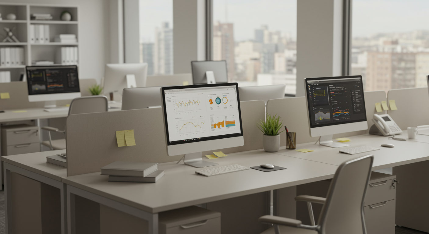 Modern lead generation marketing agency workspace featuring organized desks and computers with digital analytics displays