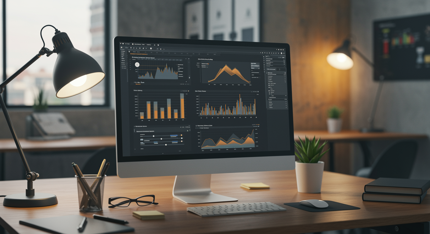 Modern marketing agency office featuring a clean desk and computer displaying lead generation analytics for local SEO services